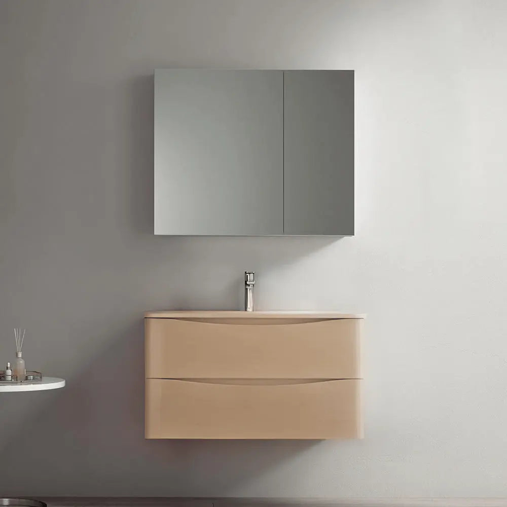 Spacious Al Oak Finish Bathroom Cabinet Set with Integrated Basin and Mirrored Storage - SY & CO. INTERNATIONAL TRADING CORP.